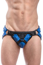 Blue leather jockstrap with blue and black leather harness codpiece