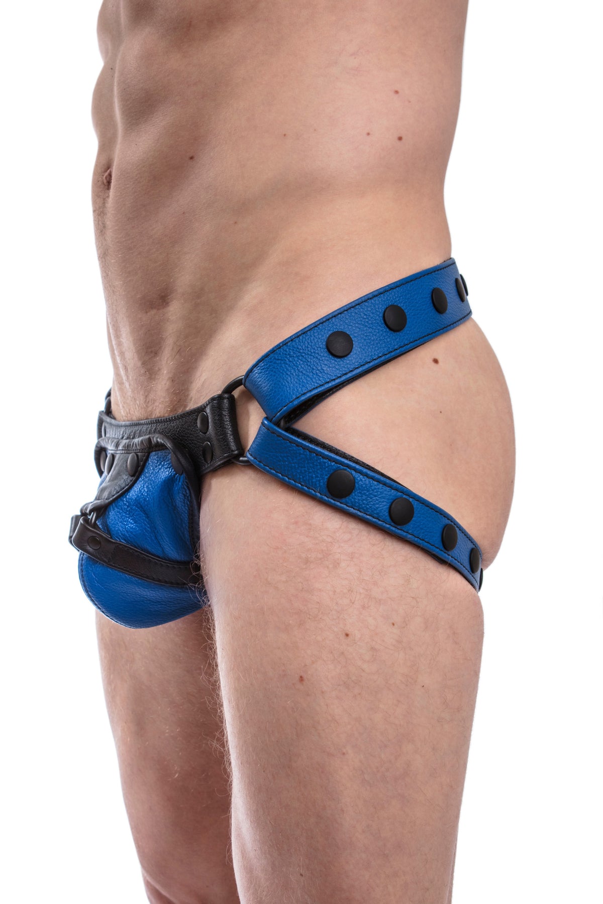 Blue leather jockstrap with blue and black leather harness codpiece
