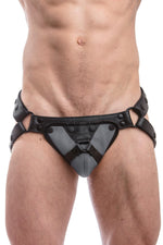 Black leather jockstrap with grey and black leather harness codpiece