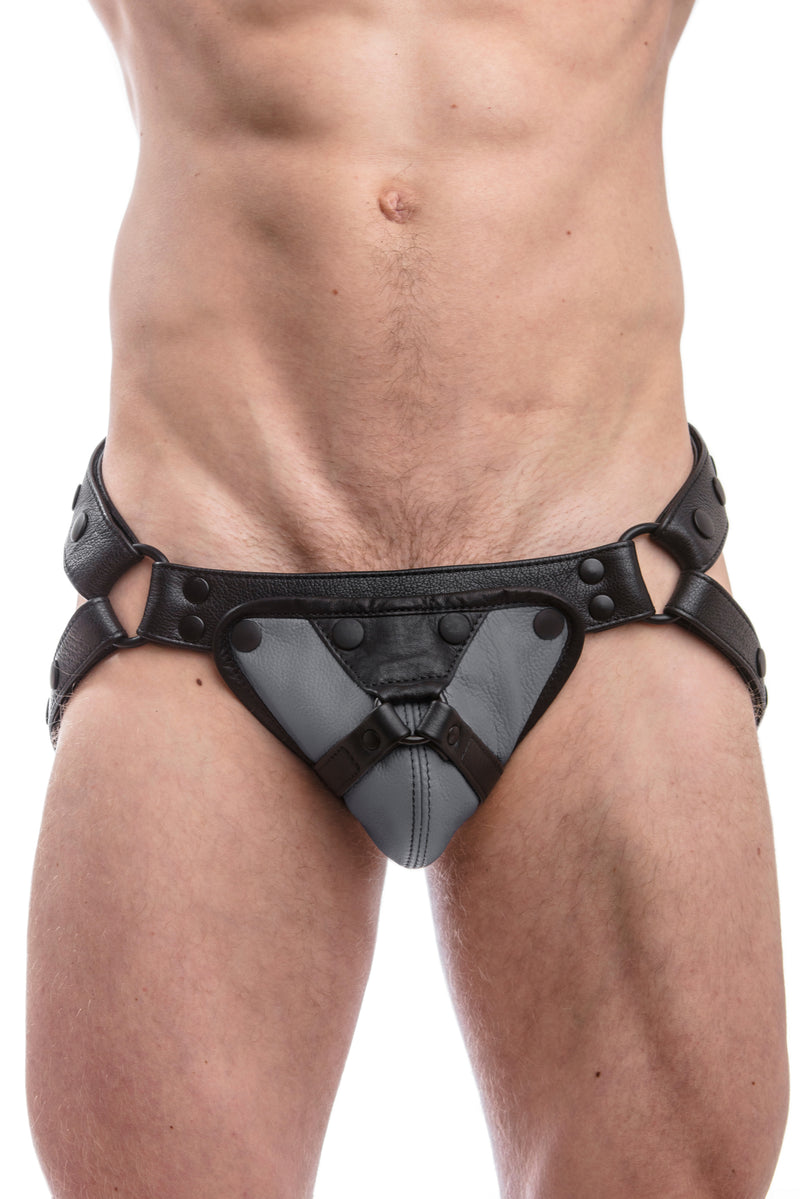 Black leather jockstrap with grey and black leather harness codpiece