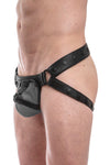 Black leather jockstrap with grey and black leather harness codpiece