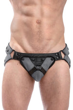 Grey leather jockstrap with grey and black leather harness codpiece