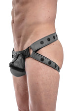 Grey leather jockstrap with grey and black leather harness codpiece