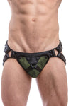 Black leather jockstrap with army green and black leather harness codpiece