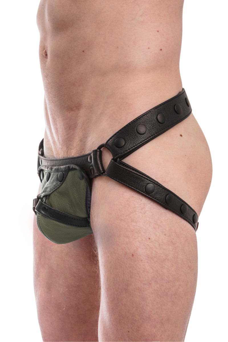 Black leather jockstrap with army green and black leather harness codpiece