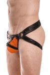 Black leather jockstrap with orange and black leather harness codpiece