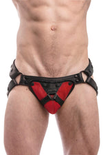 Black leather jockstrap with red and black leather harness codpiece
