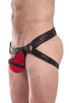 Black leather jockstrap with red and black leather harness codpiece
