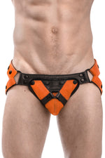 Orange leather jockstrap with orange and black leather harness codpiece