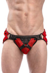 Red leather jockstrap with red and black leather harness codpiece