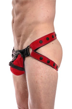 Red leather jockstrap with red and black leather harness codpiece