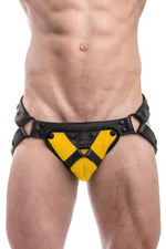 Black leather jockstrap with yellow and black leather harness codpiece