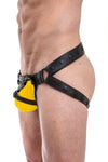 Black leather jockstrap with yellow and black leather harness codpiece