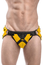 Yellow leather jockstrap with yellow and black leather harness codpiece