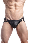 Model wearing black elastic and leather jockstrap. Front.