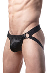 Model wearing black elastic and leather jockstrap. Side.