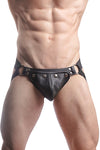 Model wearing black elastic and leather jockstrap with stainless steel hardware. Front.