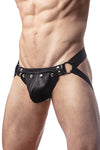 Model wearing black elastic and leather jockstrap with stainless steel hardware. Side.