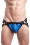 Black leather jockstrap with blue standard codpiece