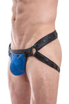 Model wearing black leather jockstrap with blue standard codpiece