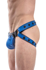 Blue leather jockstrap and codpiece