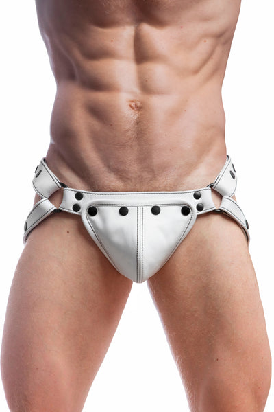 Model wearing a white leather jockstrap with black hardware. Front view.