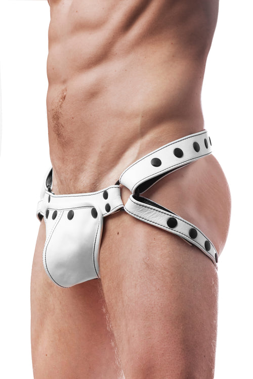Model wearing a white leather jockstrap with black hardware. Side view.