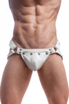 Model wearing a white leather jockstrap with stainless steel hardware. Front view.