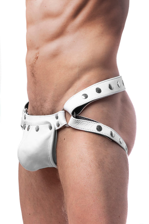 Model wearing a white leather jockstrap with stainless steel hardware. Side view.