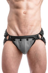 Black leather jockstrap with grey standard codpiece