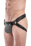 Model wearing black leather jockstrap with grey standard codpiece