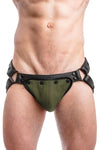 Model wearing black leather jockstrap with army green standard codpiece