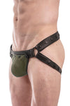 Black leather jockstrap with army green standard codpiece