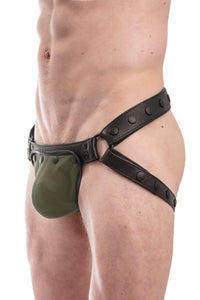 Black leather jockstrap with army green standard codpiece
