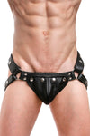 Model wearing black leather jockstrap with stainless steel hardware. Front.