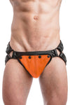 Black leather jockstrap with orange standard codpiece