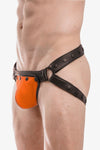 Black leather jockstrap with orange standard codpiece