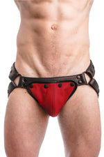 Black leather jockstrap with red standard codpiece