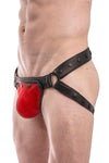 Model wearing black leather jockstrap with red standard codpiece
