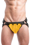 Model wearing black leather jockstrap with yellow standard codpiece