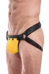 Black leather jockstrap with yellow standard codpiece