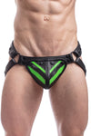 Model wearing a black leather jockstrap with a fluro green striped codpiece