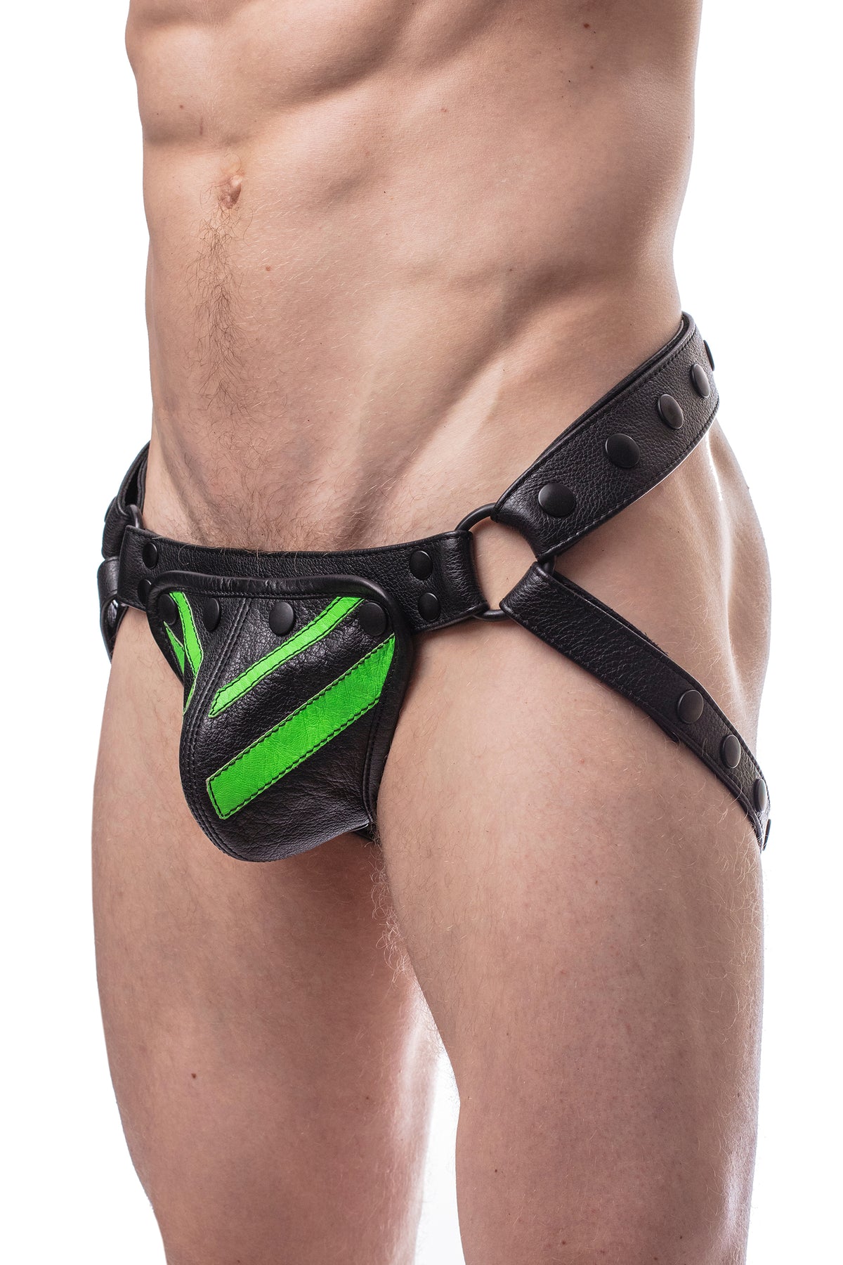 Model wearing a black leather jockstrap with a fluro green striped codpiece