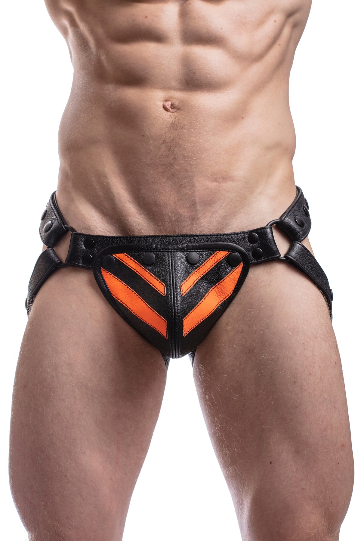 Model wearing a black leather jockstrap with a fluro orange striped codpiece