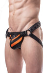 Model wearing a black leather jockstrap with a fluro orange striped codpiece
