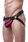 Model wearing a black leather jockstrap with a fluro pink striped codpiece