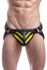 Model wearing a black leather jockstrap with a fluro yellow striped codpiece