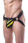 Model wearing a black leather jockstrap with a fluro yellow striped codpiece