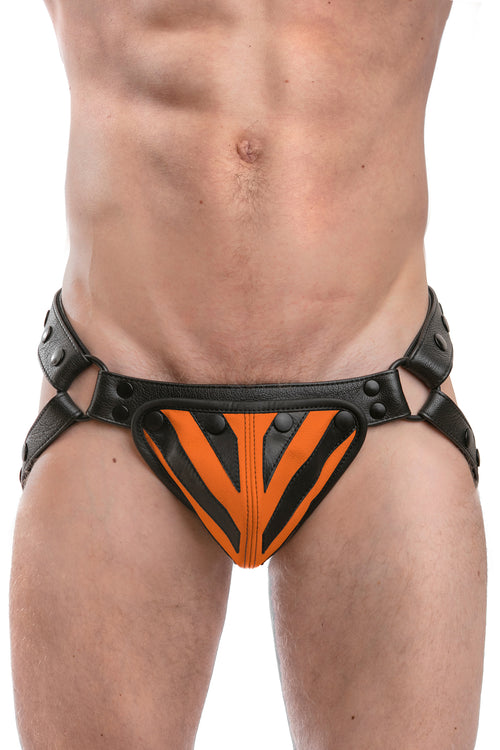 Model wearing a black leather jockstrap with orange and black leather tiger striped codpiece