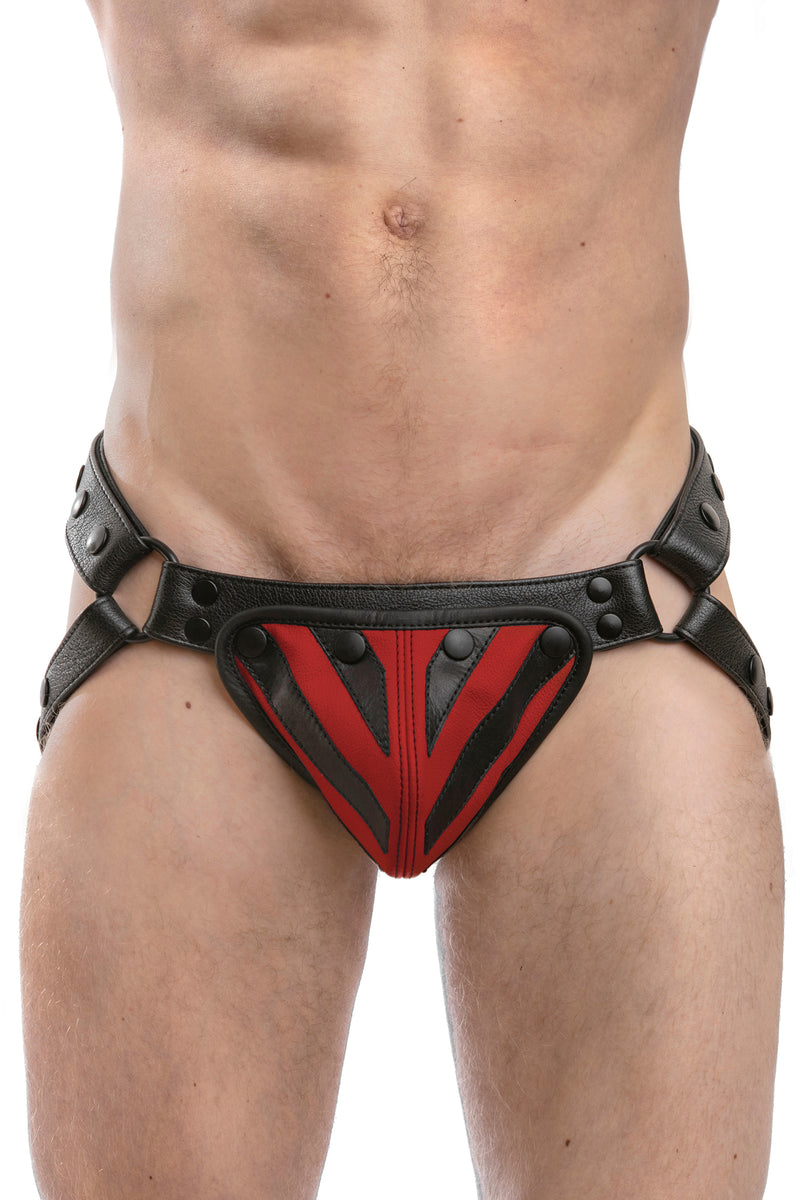 Model wearing a black leather jockstrap with red and black leather tiger striped codpiece